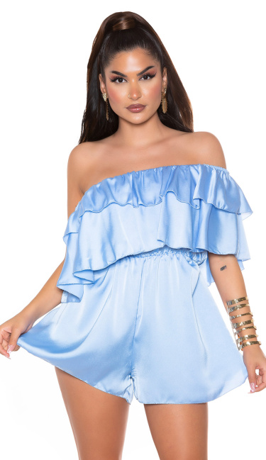 Off-Shoulder Satin- Look Ruffled Overall Blue